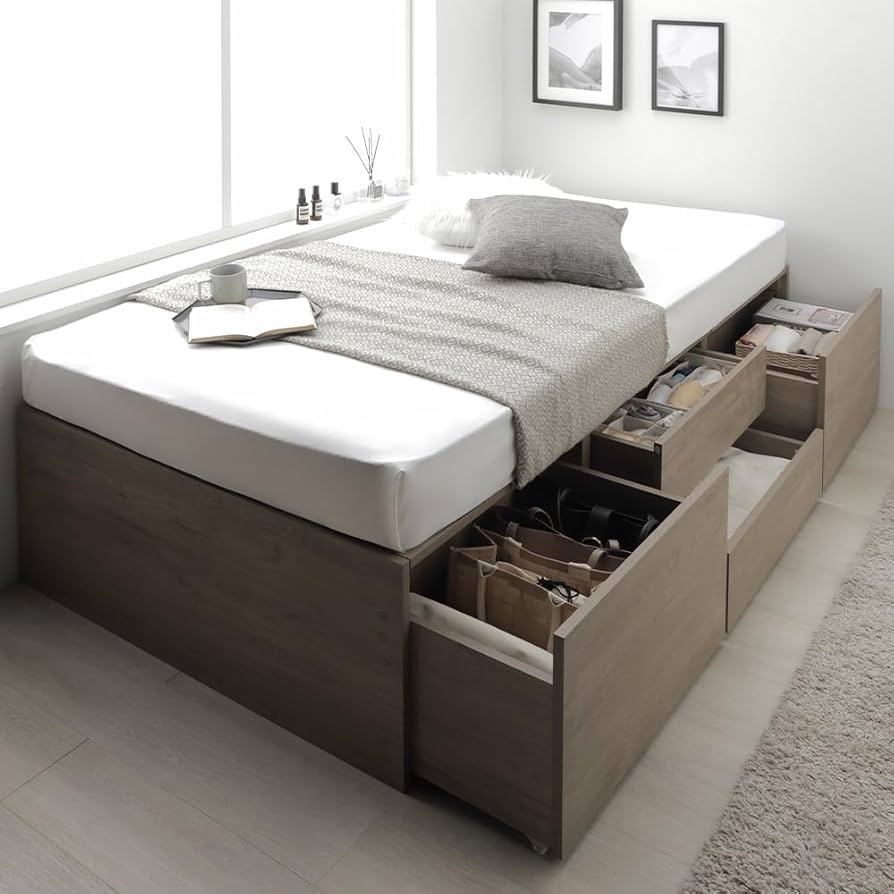 Amazon｜RASIK ベッド 通常丈ダブル フレームのみ グレージュ 収納付き