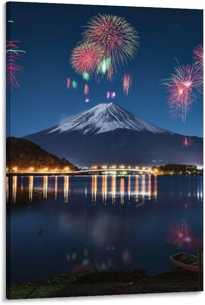 Amazon.co.jp: 絵画 花火の下の富士山インテリア 絵画 輝く水の反射