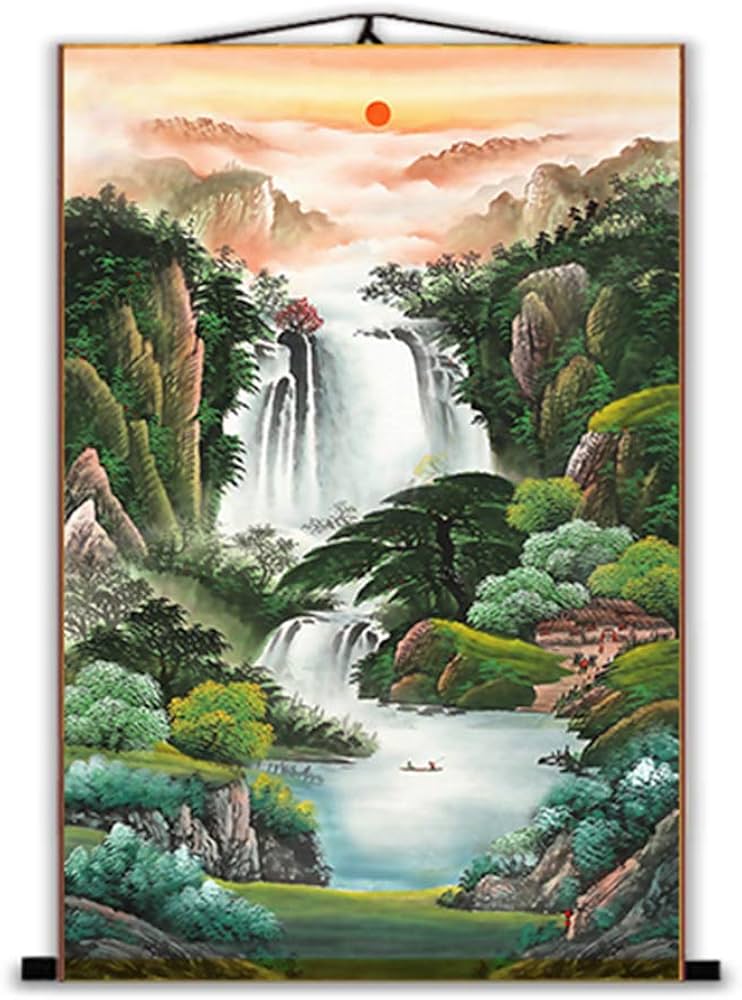 Amazon.co.jp: Zzooi アジア オリエンタル風景 山 滝 絵画 ウォール