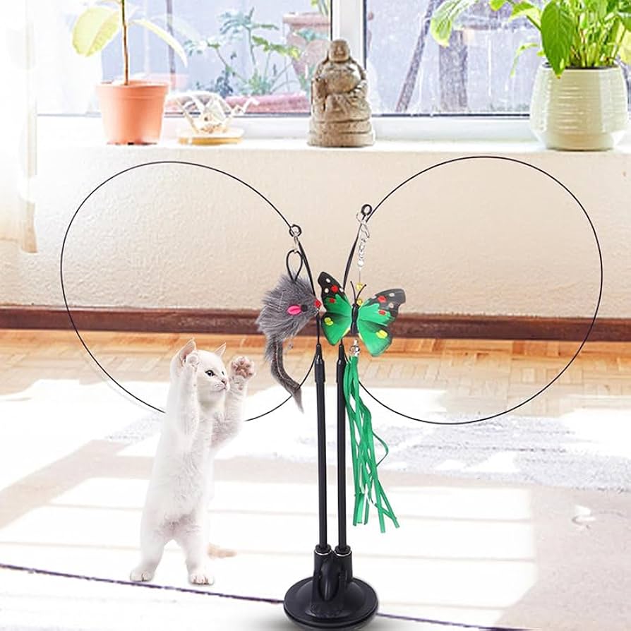 Amazon | 猫じゃらし 吸盤式 釣り竿 猫用玩具 鈴付き 毛虫 蝶