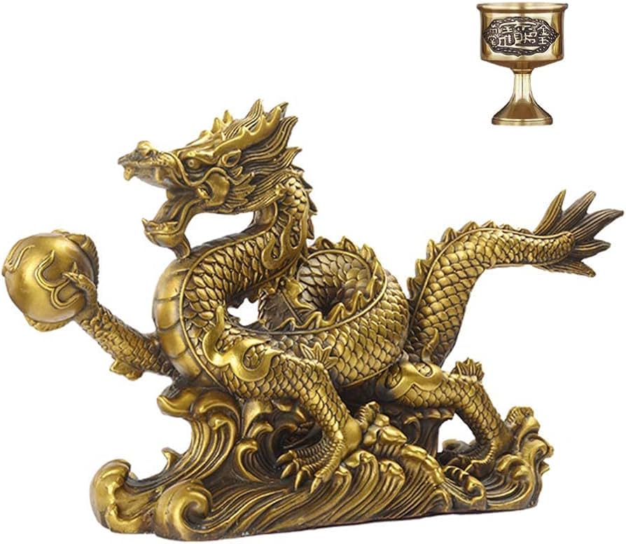 Amazon.co.jp: 龍 置物 昇運金龍 5本爪 竜 風水龍 龍と水杯セット 珠