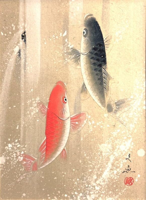 Amazon.co.jp: 中谷文魚「 金運登り鯉 」 日本画 額装 四つ切サイズ