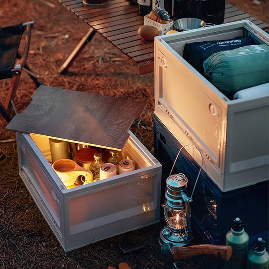 Amazon｜コンテナボックス、横開き、木製フタ、薄型、折りたたみ式