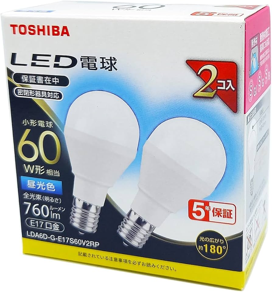 Amazon | TOSHIBA(東芝) LED電球 60W相当 広配光 昼光色 E17口金 2P