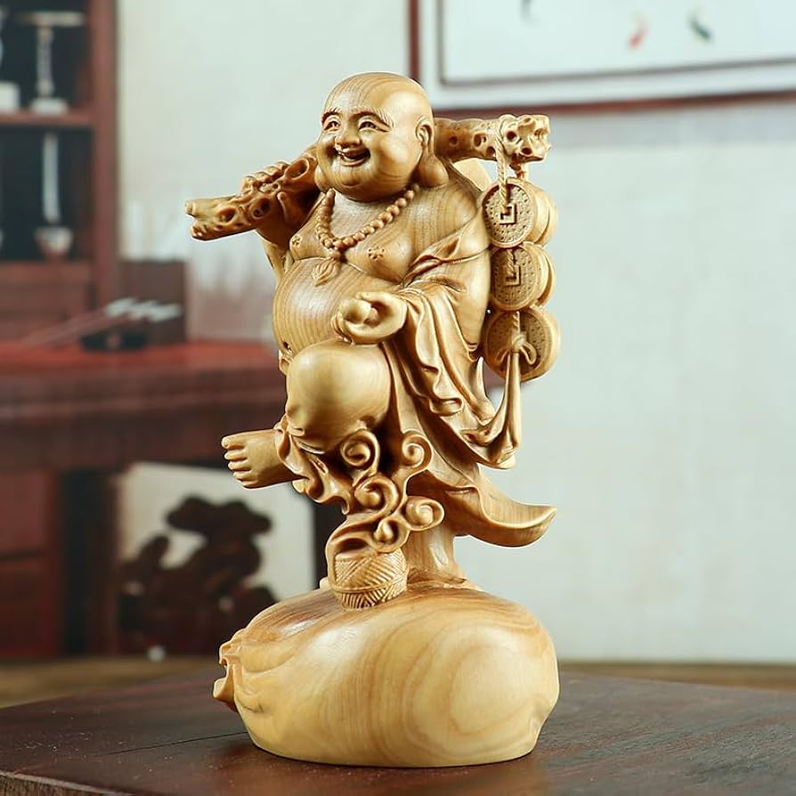 Amazon.co.jp: 布袋様置物 七福神 布袋様 銅銭弥勒 級天然ツゲ木彫り