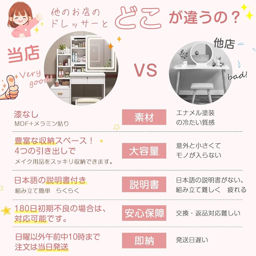 Amazon｜EJ ドレッサー コンパクト 白 3色 LEDライト スライドミラー