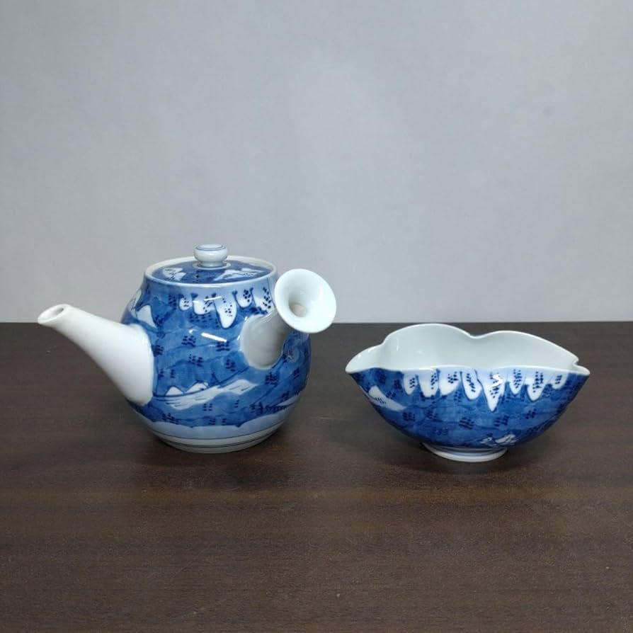 2334 平安草仙染付青花茶器セット宝瓶1客湯冷し1客湯呑5客鉢付き