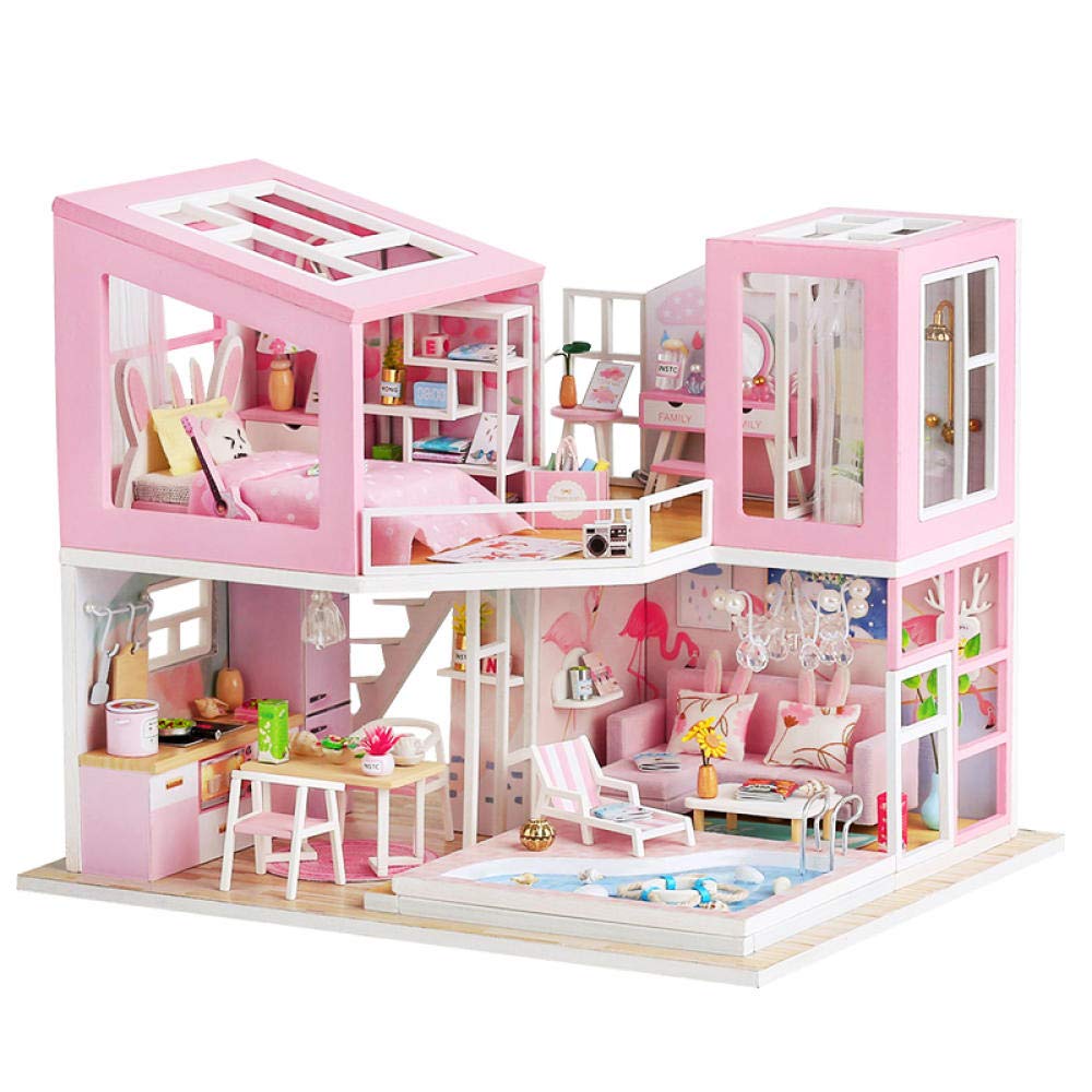 Amazon | DIY木製ピンクドールハウス初恋組み立てミニチュア家具ベッド