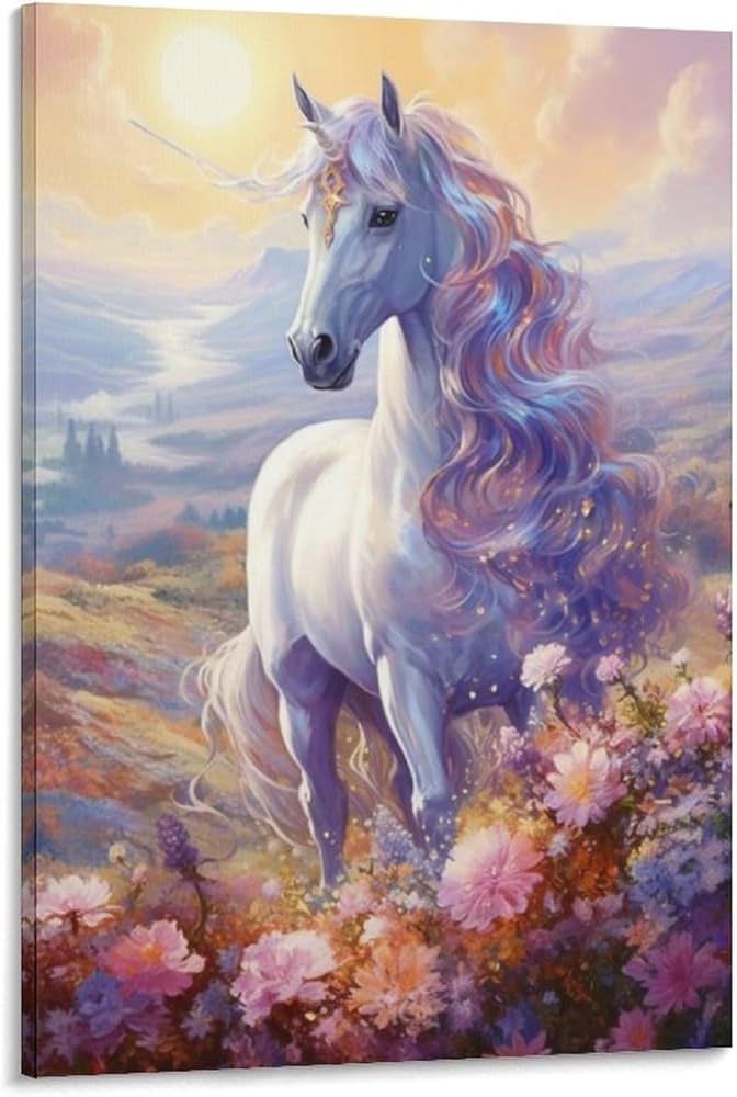 Amazon.co.jp: 絵画 花畑の白いユニコーンインテリア 絵画 馬 アート