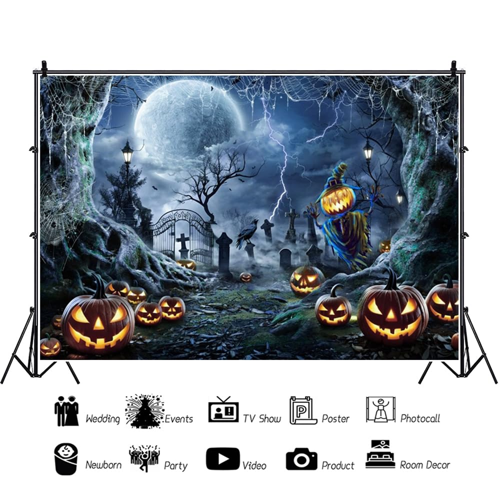 Amazon | Leowefowa 月夜 ハロウィン 墓地 写真撮影用背景 ホラー 夜