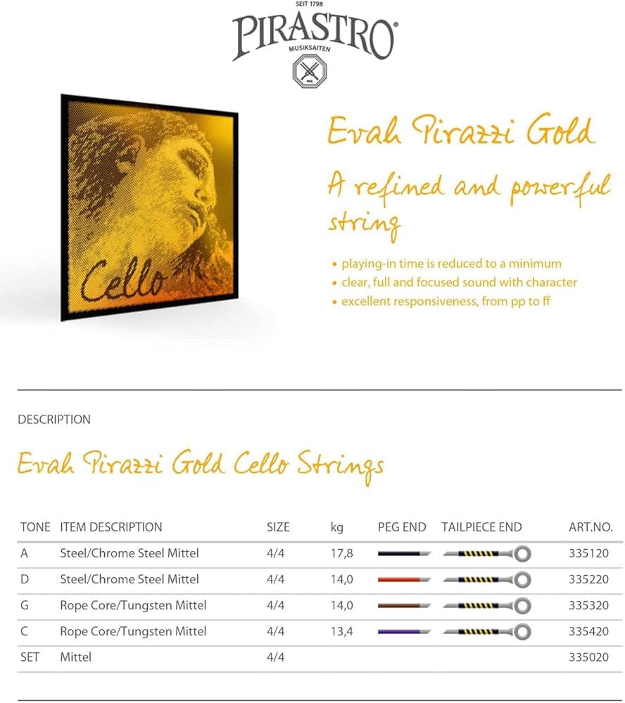 Amazon.co.jp: EVAH PIRAZZI GOLD チェロ弦 G線 4/4 (M) #3353 : 楽器