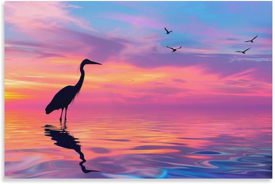 Amazon.co.jp: 絵画 夕方、池にサギが立っている アートパネル