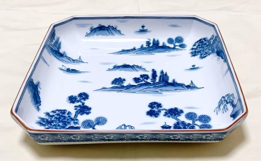 Amazon.co.jp: 前畑陶器 庫山窯 染付山水絵 角大皿 盛皿 直径26センチ