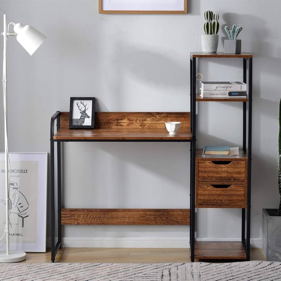 Amazon | 【配達時間2-3日】パソコンデスク 引き出し付き ラック付き