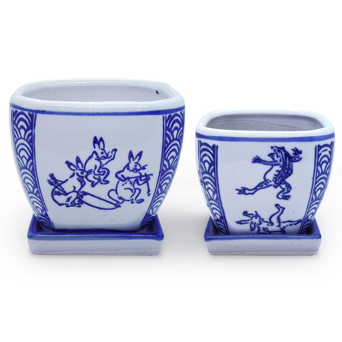 Amazon.co.jp: 植木鉢 陶器 皿付き 角鉢 正方角切鉢 2点セット(鳥獣