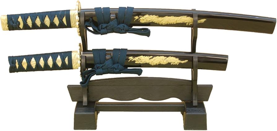 Amazon.co.jp: 模造刀-美術刀 ミニミニ竜3点セット(彫金・紺)刀掛台付