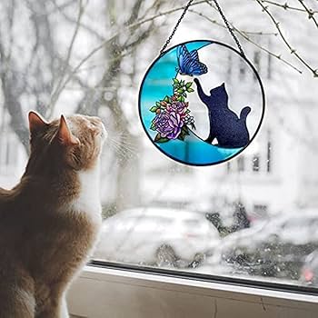 Amazon.co.jp: 猫 ステンドグラス 蝶 月 ギフト 手作り サン