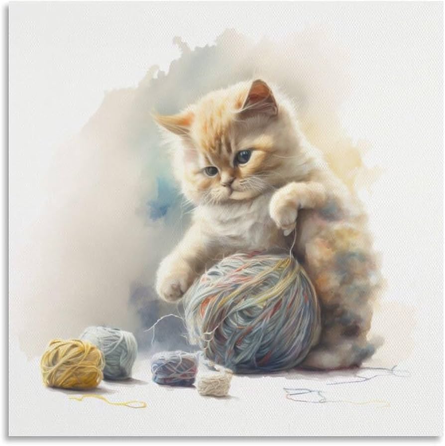 Amazon.co.jp: 絵画 オレンジ色の猫が毛糸玉で遊んでいますインテリア