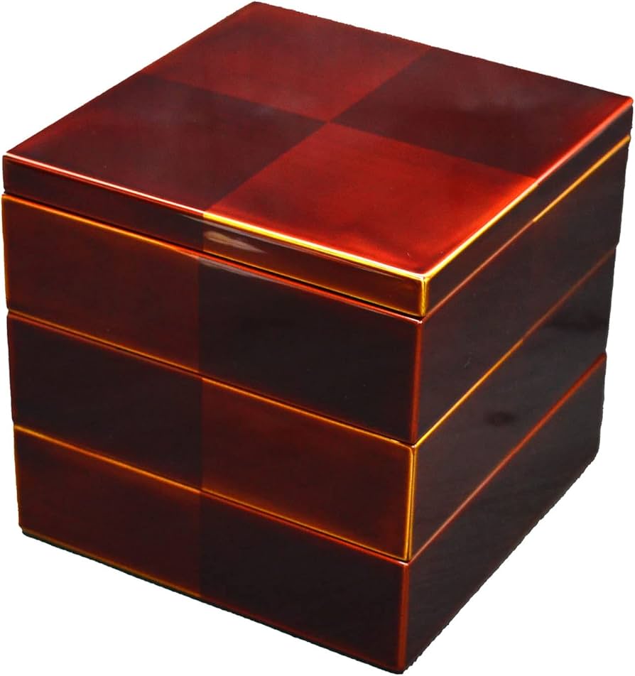 Amazon | 木製3段重箱 越前漆器 市松白檀 内朱 三段重 6寸5～6人用