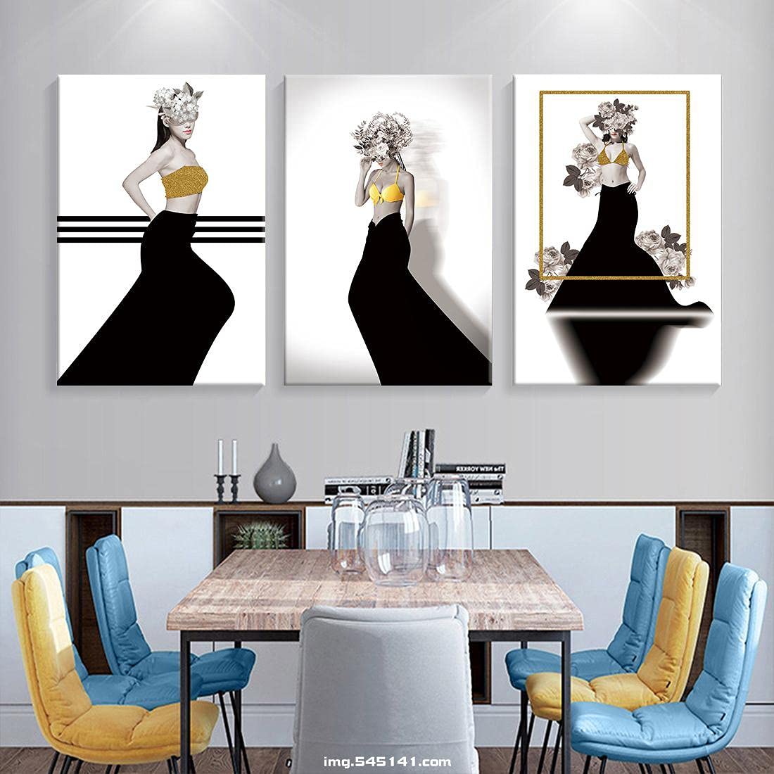 Amazon.co.jp: アートパネル 3パネル 人気 現代 北欧 花 女性 抽象