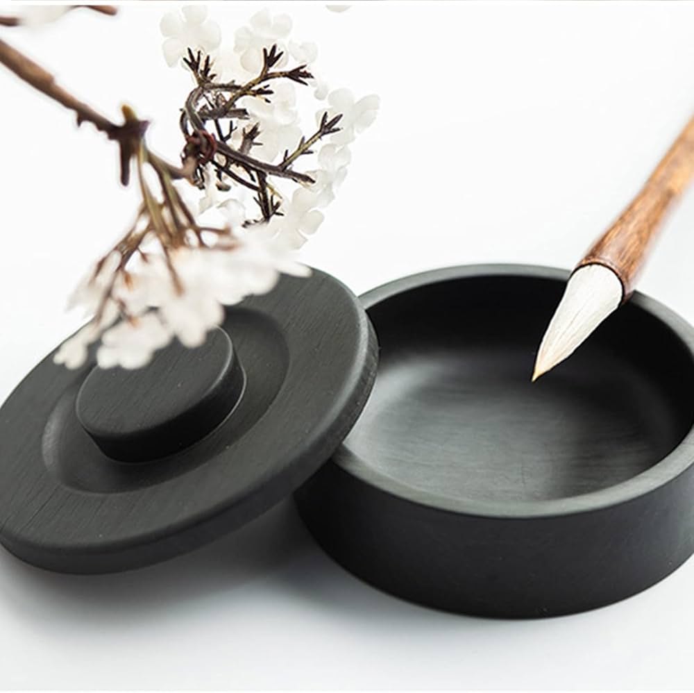 Amazon | 硯石 硯 丸型 蓋有り 直径10cm 書道硯 歙州硯 天然原石 細