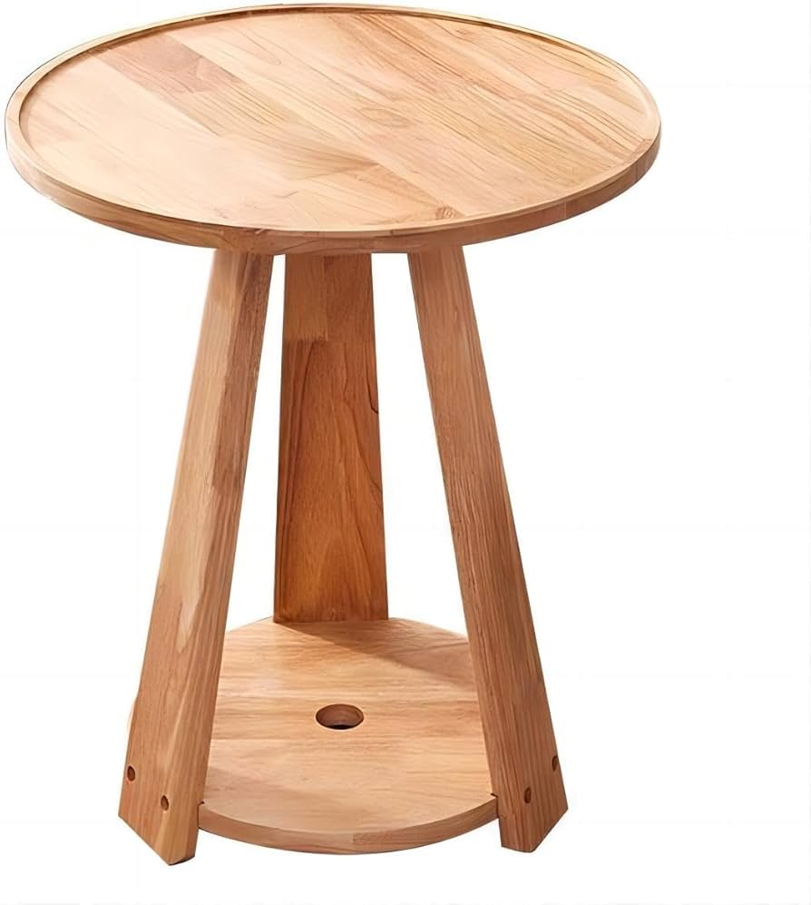 Amazon｜ミッドセンチュリーモダン2層ラウンドサイドテーブル、無垢材