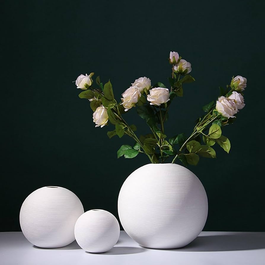 Amazon.co.jp: 白い花瓶 丸 球形 陶器 横縞 北欧風 ins セラミック