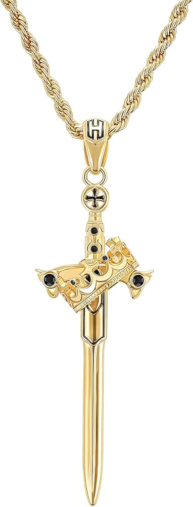 HELLOICE Sword Crown Cross Necklace 18K Gold Plated 5A CZ Stones