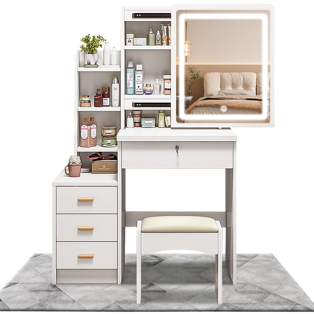 Amazon｜EJ ドレッサー コンパクト 白 3色 LEDライト スライドミラー