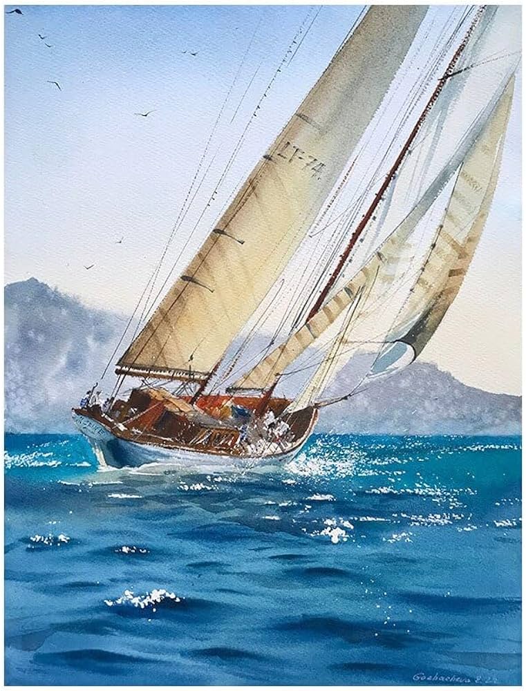 Amazon.co.jp: 現代絵画ヴィンテージセーリングヨット水彩ポスター海景