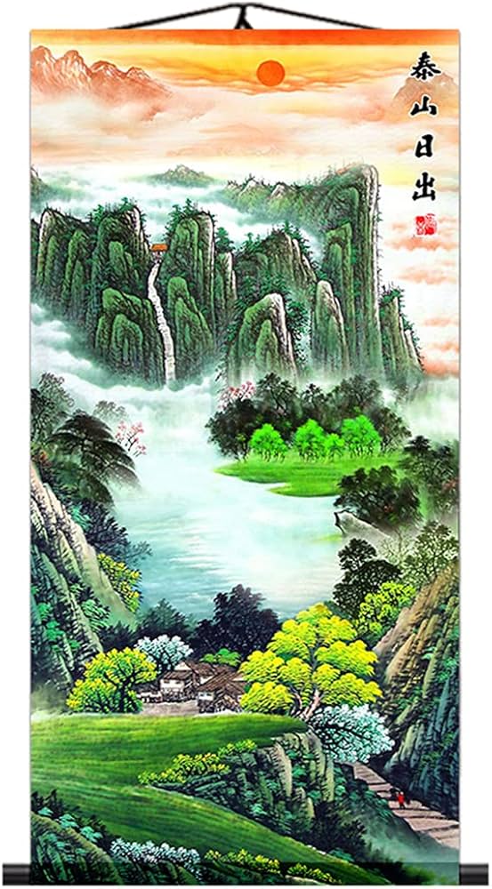 Amazon.co.jp: UXOWOXU 中国伝統絵画アート - 山の川の風景画 シルク