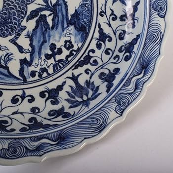 Amazon.co.jp: 中国 青花 山水麒麟文盤 大皿 輪花皿 直径約41㎝ V