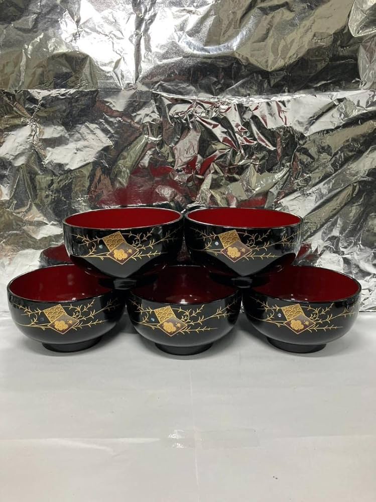 Amazon.co.jp: 会津塗 お汁椀 5客セット 特選漆器 溜色紙柳布袋椀 最