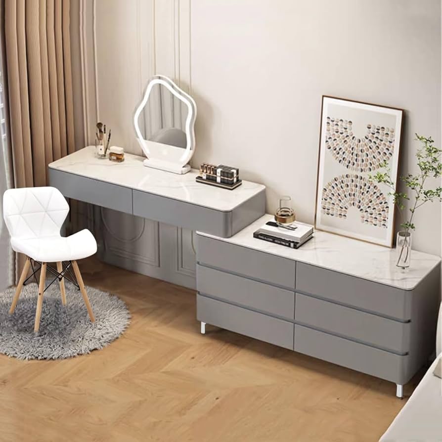 Amazon｜ドレッサー 鏡台 レザー調 大理石天板 大容量 引き出し
