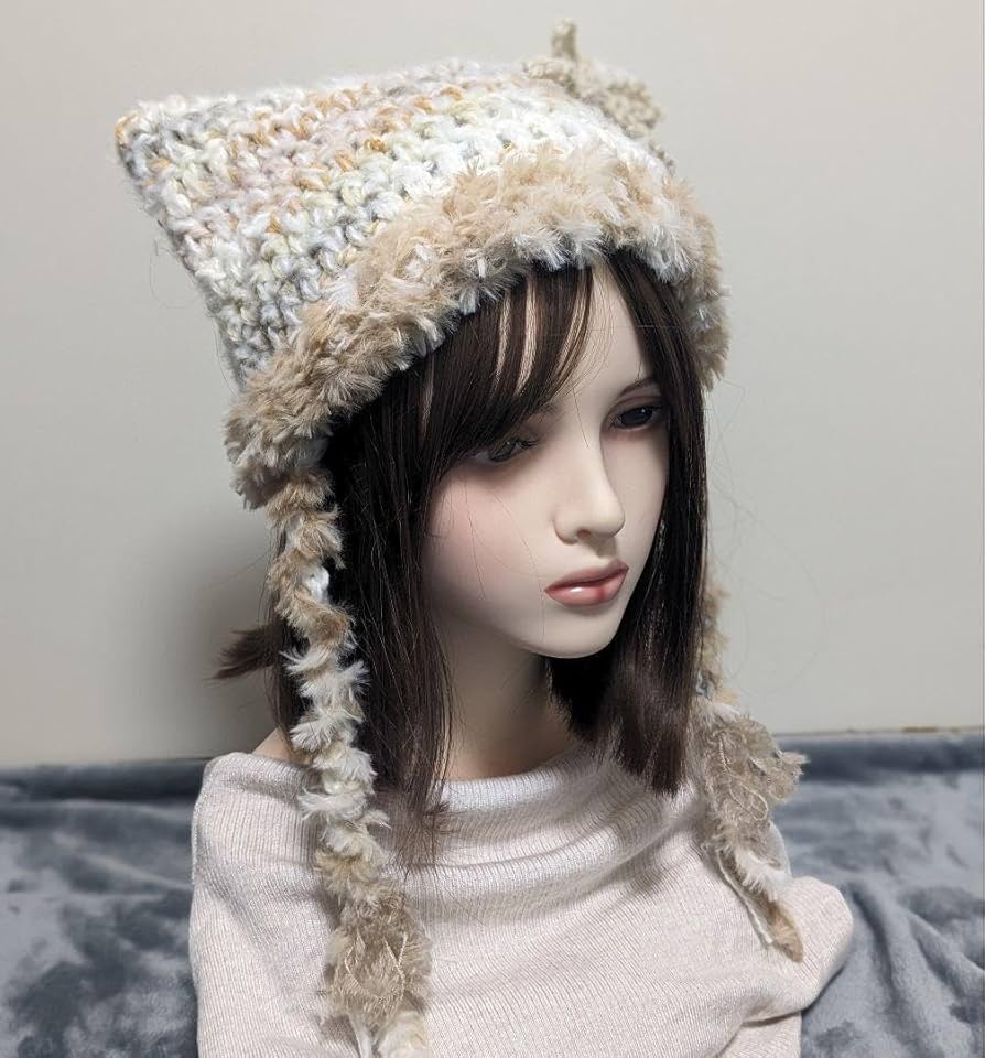 Amazon.co.jp: ねこ耳ニット帽 紐付き リボン 三毛猫 ふわふわ