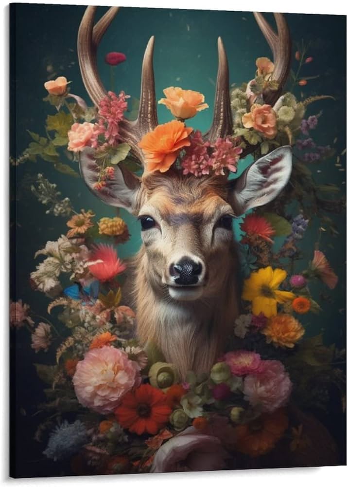 Amazon.co.jp: 絵画 花を持つ鹿インテリア 絵画 自然芸術のポート