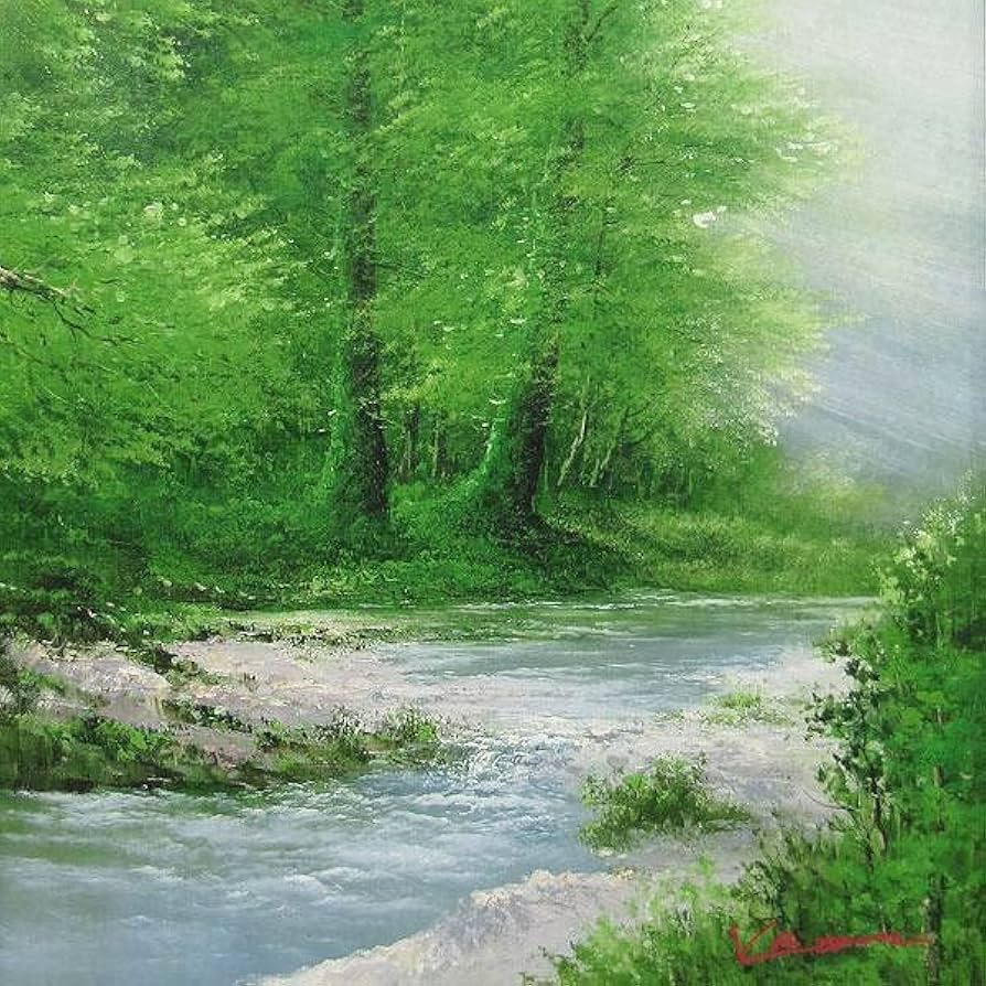 Amazon.co.jp: V.ブラウン『木漏れ日の清流(F10号)』油彩画 風景画