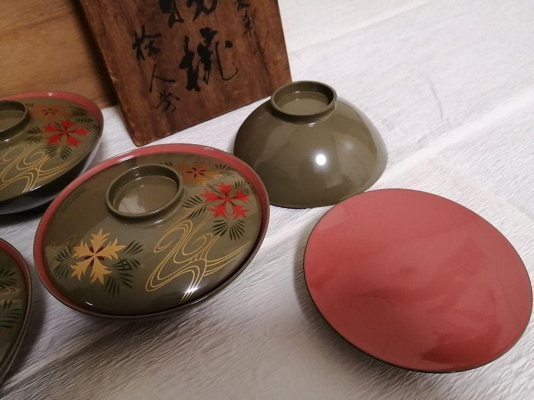 蔵c3708a】木製 金蒔絵 草花図 蓋付椀 五客 時代輪島塗 草花図