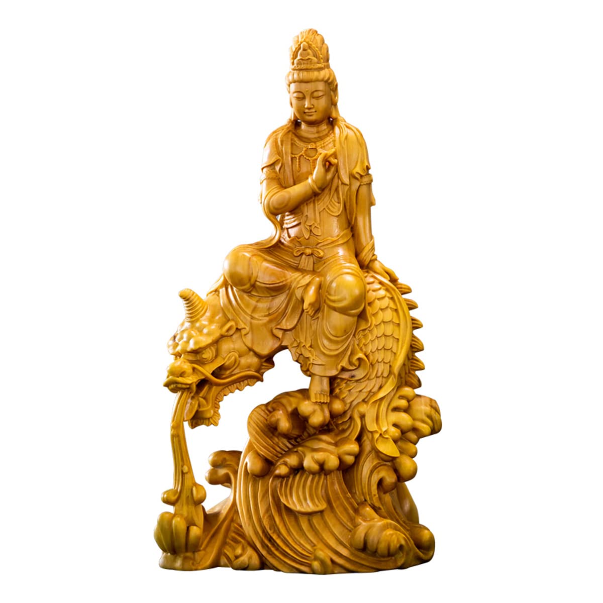 Amazon｜木彫り 仏像 騎龍観音 高級天然ツゲ木彫り 龍神 龍上観音 龍乗