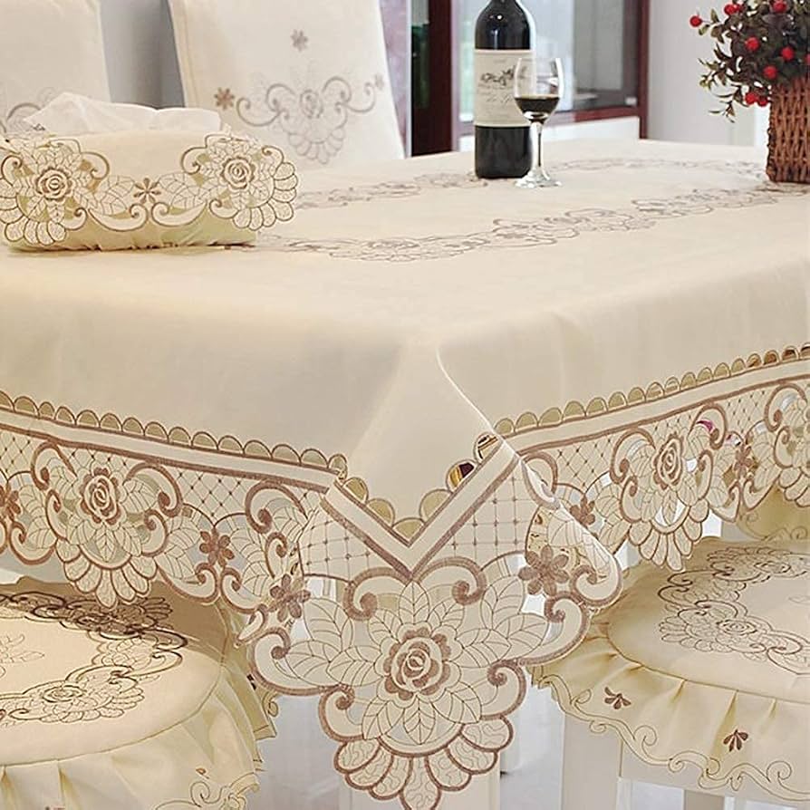 Amazon | LeLehome テーブルクロス ブラウン花刺繍レースクリーム 複数