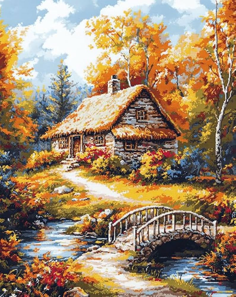 Amazon | 秋の森の風景 大人初心者向けクロスステッチ キット,木造住宅