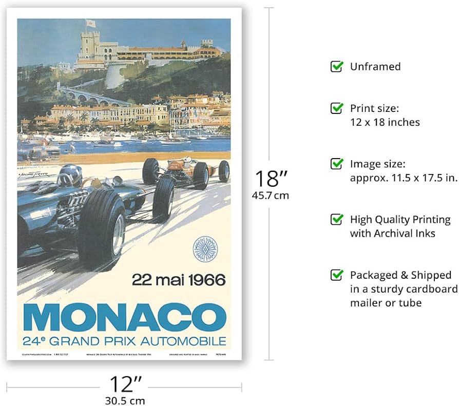 Amazon.co.jp: 第24回モナコグランプリ ビンテージ広告ポスター 1966年