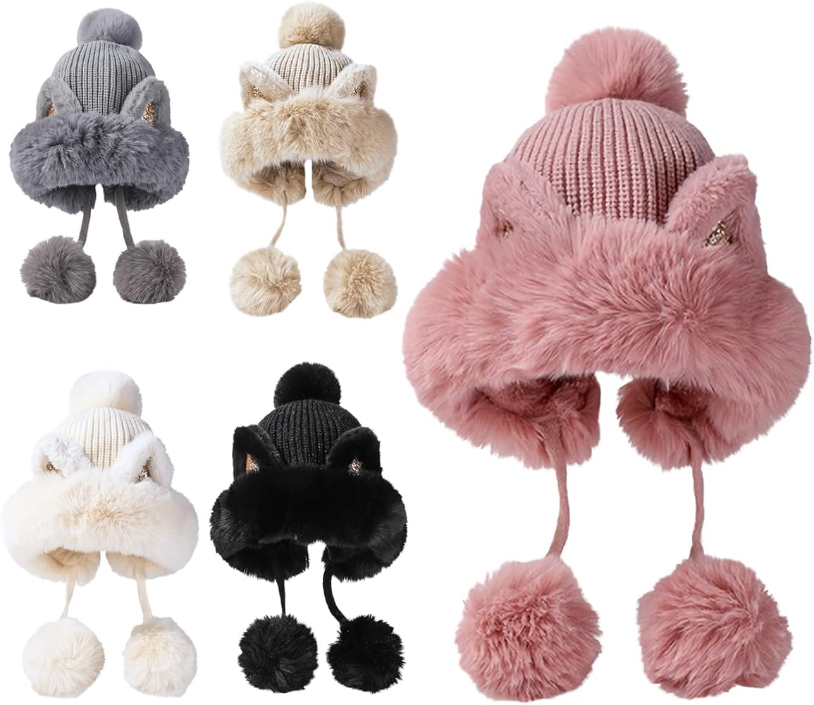 Amazon | [CaMiLo] ニット 帽子 猫耳 エコファー ポンポン付き 防寒