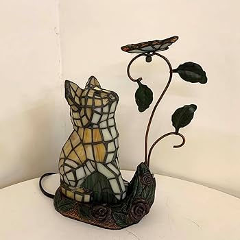 Bieye L10891 Tiffany-Style Stained Glass Cat Accent Table Lamp