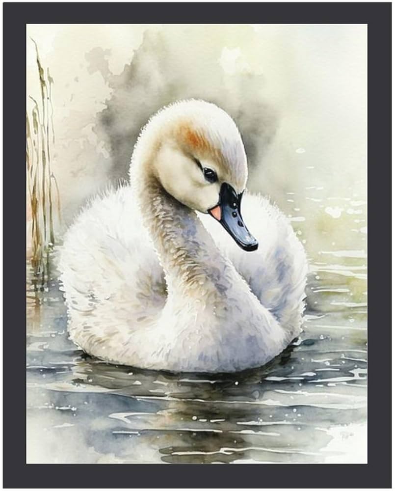 Amazon.co.jp: 水の中の小さな白鳥の水彩画 絵画 絵 リアルな動物の