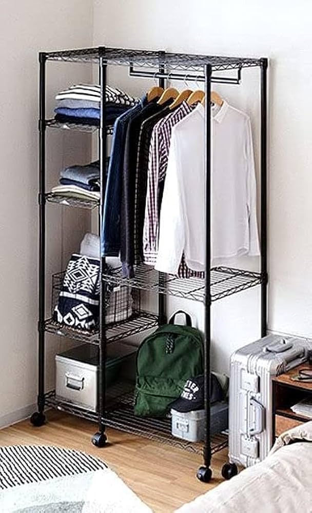 Amazon｜黒 ハンガーラック 棚付き スチールラック 幅100 奥行45