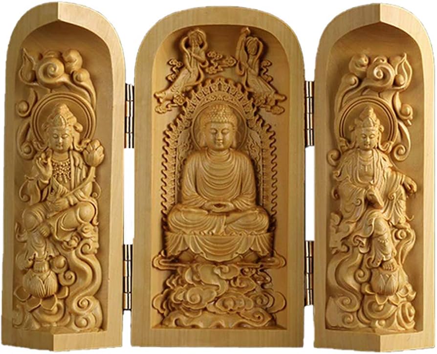 Amazon.co.jp: 【仏像】 蓮台柘植木 置物 三開仏 【西方三聖：阿弥陀