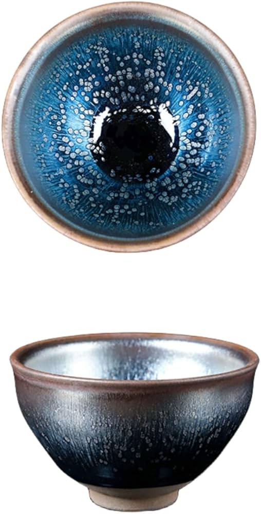 Amazon｜曜変 天目 抹茶碗 油滴ブルー釉 茶碗 手作り 建盞 和食器 天目