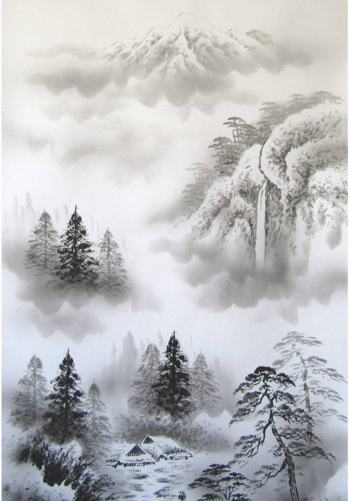 Amazon.co.jp: 玉峰 水墨山水 尺五立 日本画 掛け軸 掛軸 風景画 山岳