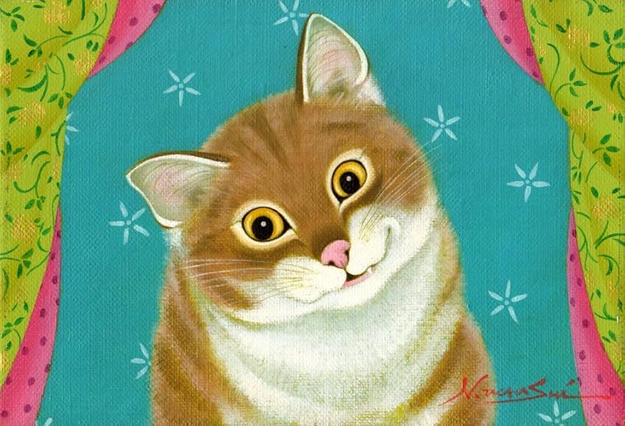 油絵 菅家令子 絵 絵画 インテリアuF6-070919 夕陽(朝陽)と猫の親子